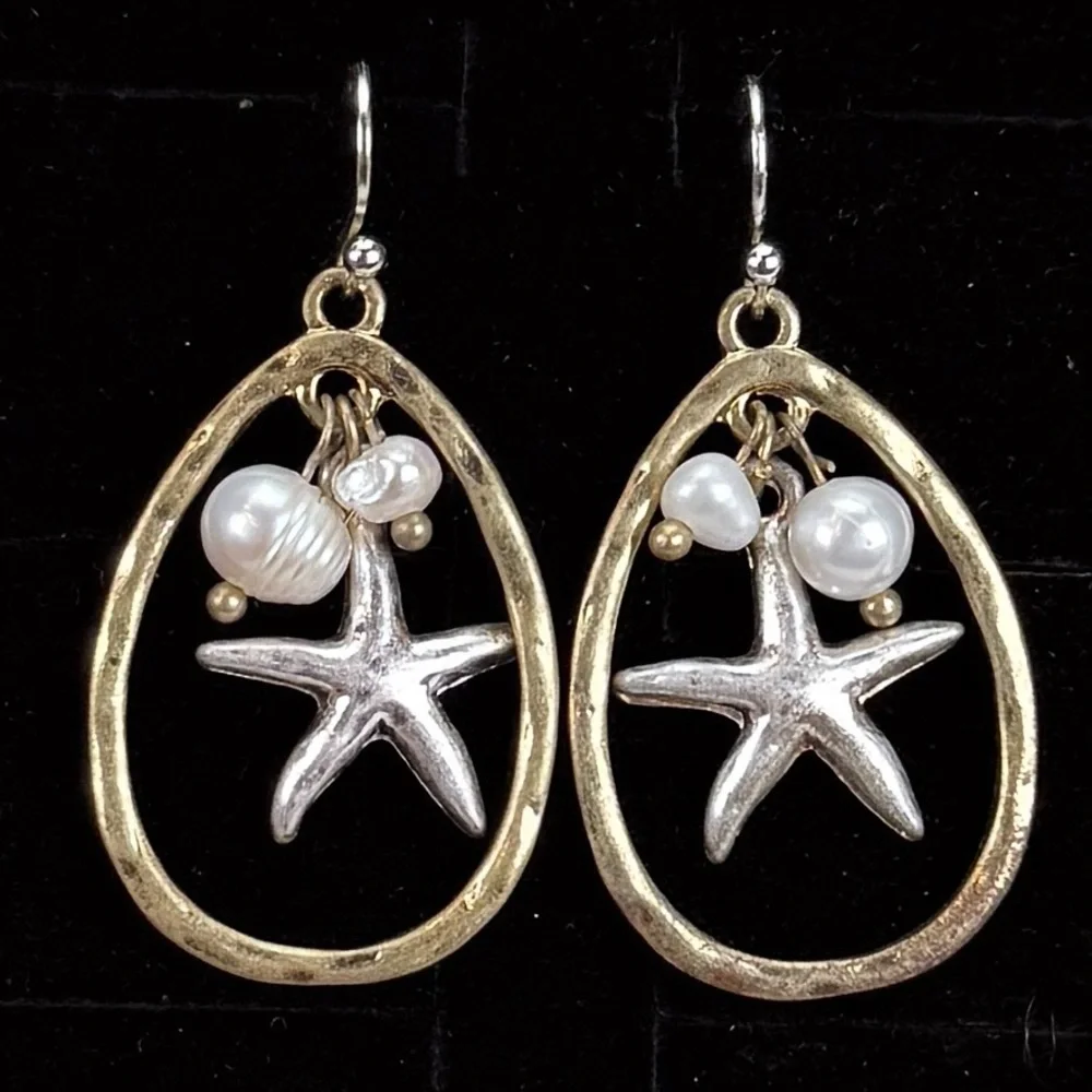 Vintage aged goldtone Silvertone faux pearl starfish dangle pierced earrings